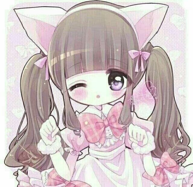 二次元 少女 咖啡色双卷马尾 紫瞳 猫耳 粉色短裙 可爱 头像 q版