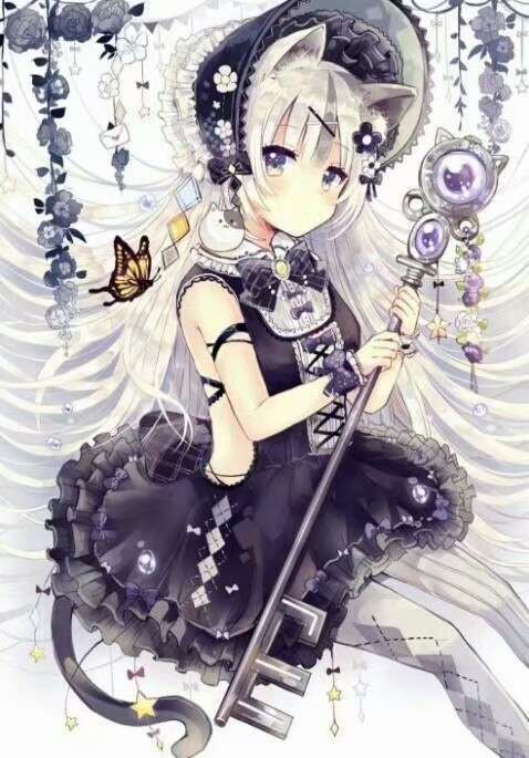 二次元 少女 白色长发 猫耳 黑瞳 黑色短礼裙 黑色系 魔法棒