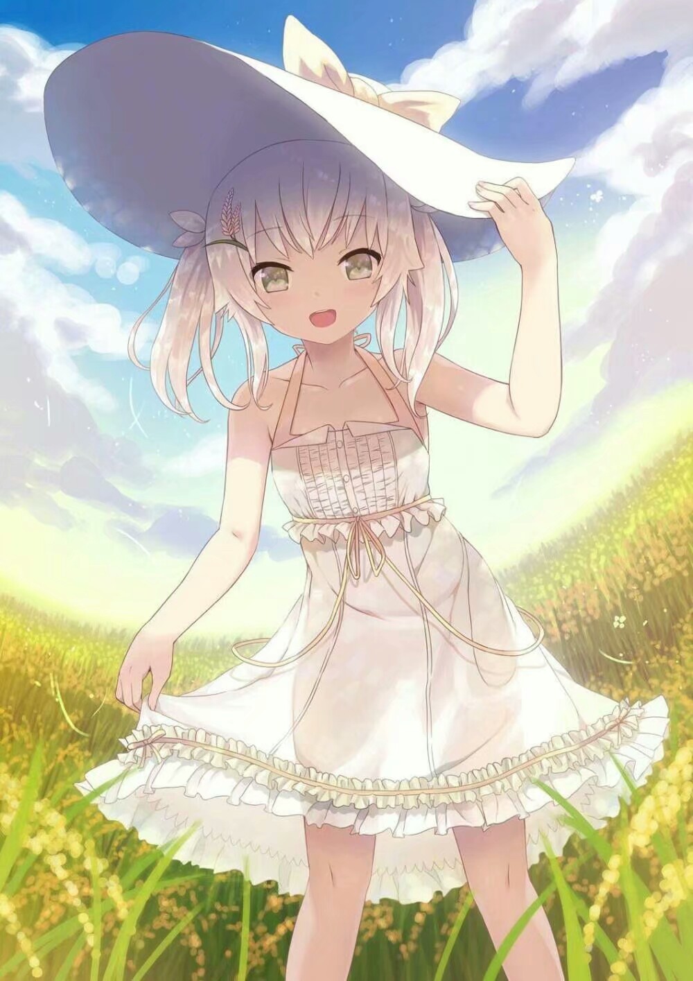 二次元 少女 白色双马尾 淡黄瞳 白色短裙 白色遮阳帽 白色系