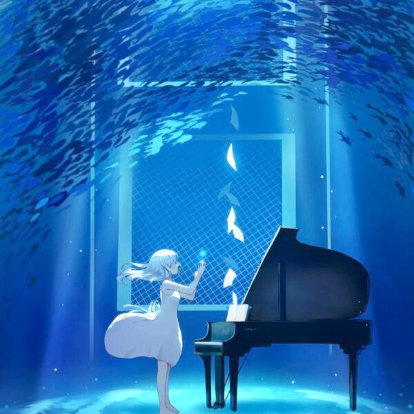 【头像】 少女 深海 意境 唯美 钢琴 光 蓝 鱼 孤独 长裙 深海少女