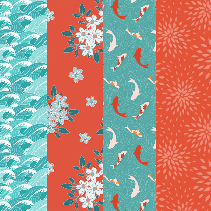 日式和风水彩手绘锦鲤鱼樱花印刷卡片底纹背景图案ai素材ai323