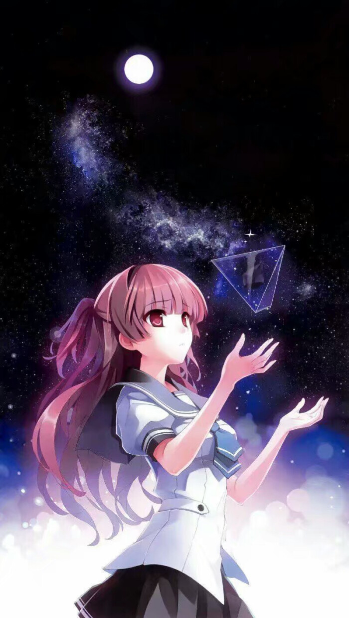 星空图片 二次元 长发,星空图片 二次元 分开 二次元 少女 粉色长发 红瞳 校服 星空 三角体
