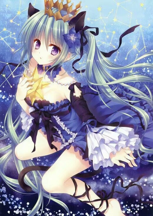 二次元 少女 绿色双马尾 紫瞳 猫耳 星星 华丽