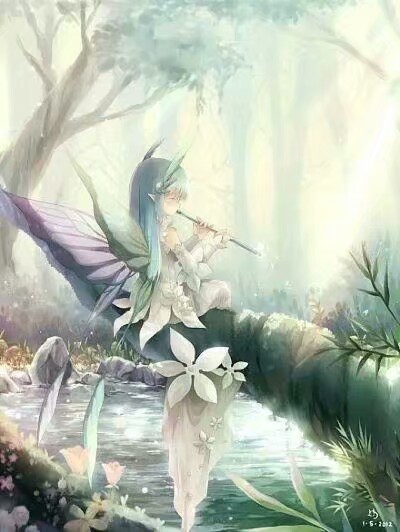 二次元 少女 蓝绿长发 森林 笛子 坐姿 水面 梦幻 翅膀