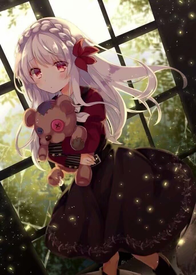 二次元 少女 银色长发 赤瞳 熊偶 黑色系