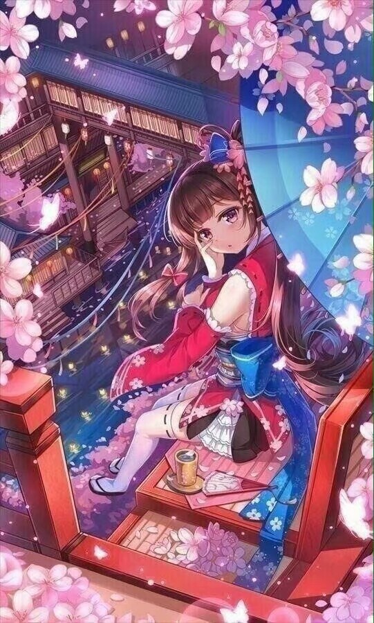 二次元少女褐色长发粉瞳和服伞樱花