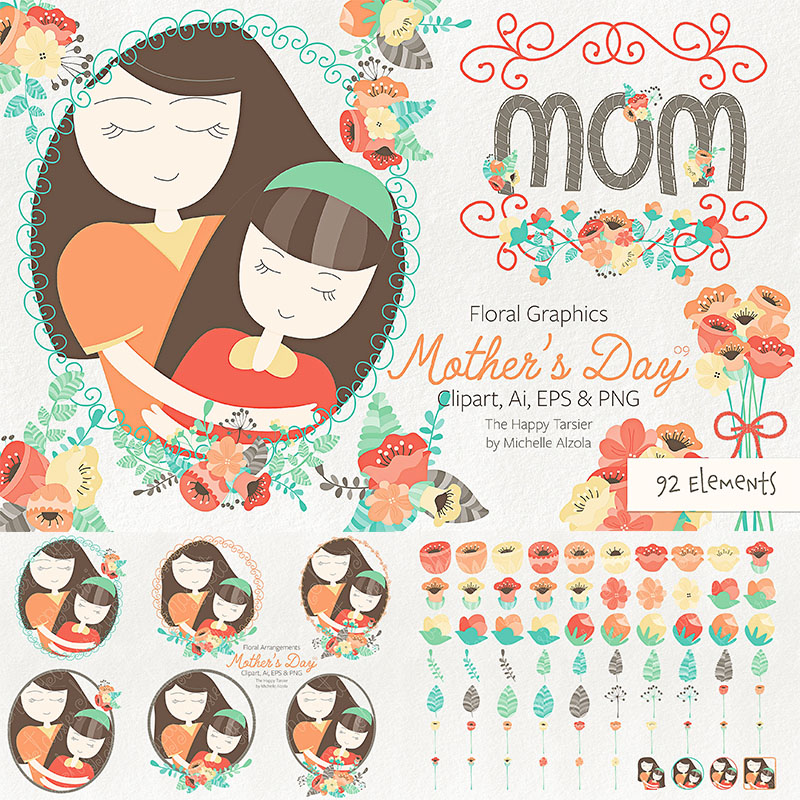 卡通母亲节妈妈孩子头像花朵花环活动促销装饰图案png320