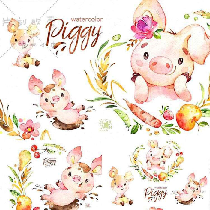 高清水彩可爱小猪非佩奇卡通花环贺卡海报pn