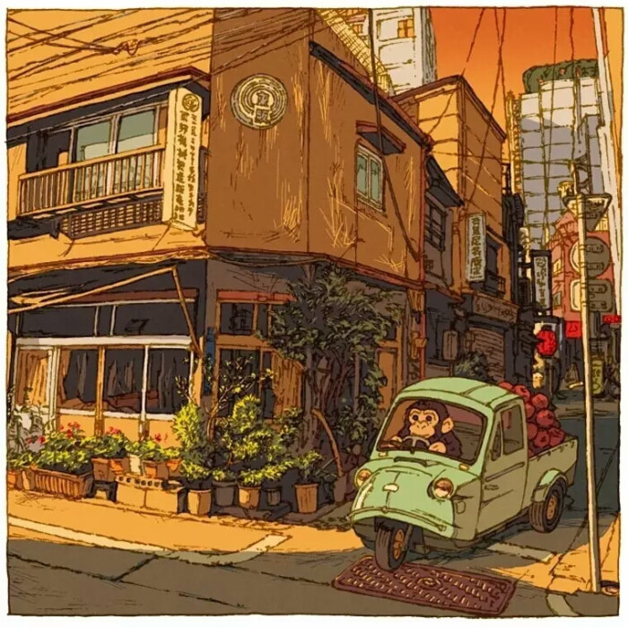 日本插画师 shinji tsuchimochi 一组充满生活气息的街景插画