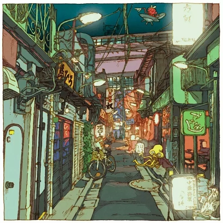 日本插画师 shinji tsuchimochi 一组充满生活气息的街景插画