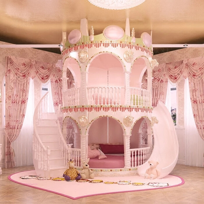 【上下床高低双层床卧室公主风女孩滑梯儿童床高档贵族可爱粉色城堡】