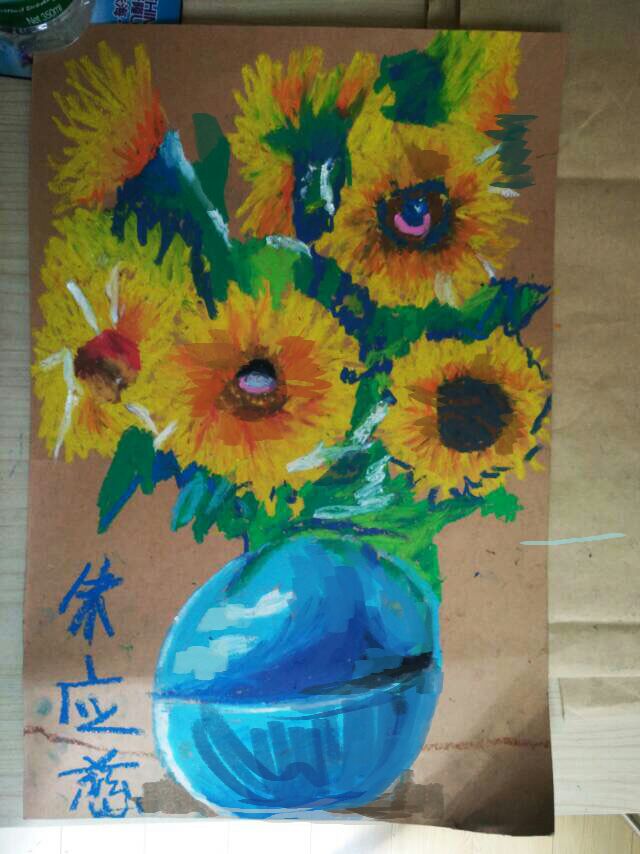 儿童画 创意 重彩油画棒 写生 临摹 向日葵 莲蓬 花瓶 花
