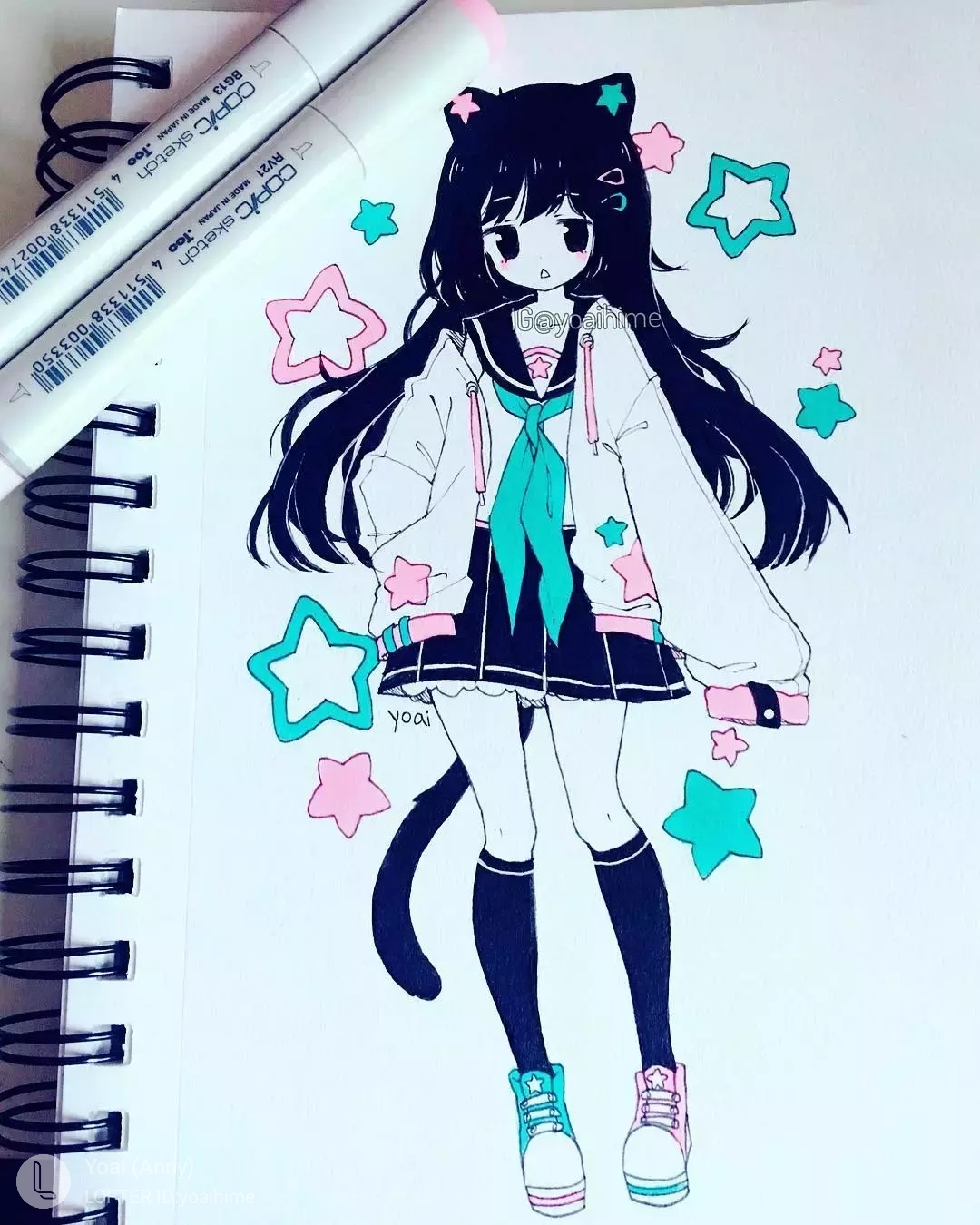 马克笔 动漫 手绘 少女 头像 壁纸 黑白 插画 画师:yoai [侵权致歉]