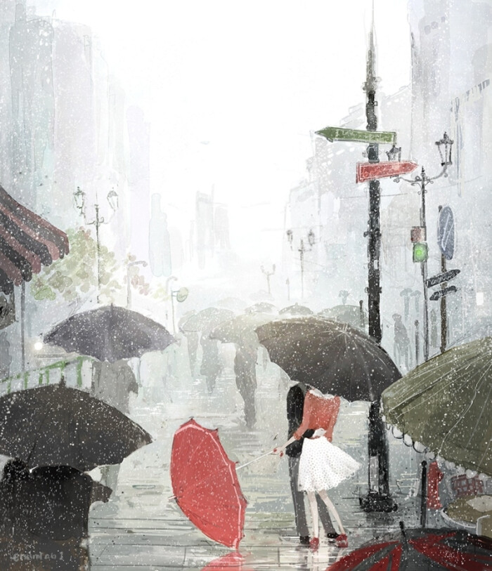 从插画师endmion的这组雨天的插画作品中,能听见雨滴坠落的声音,能