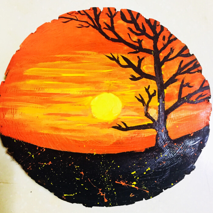 第一次画的原木绘画-森林的黄昏落日