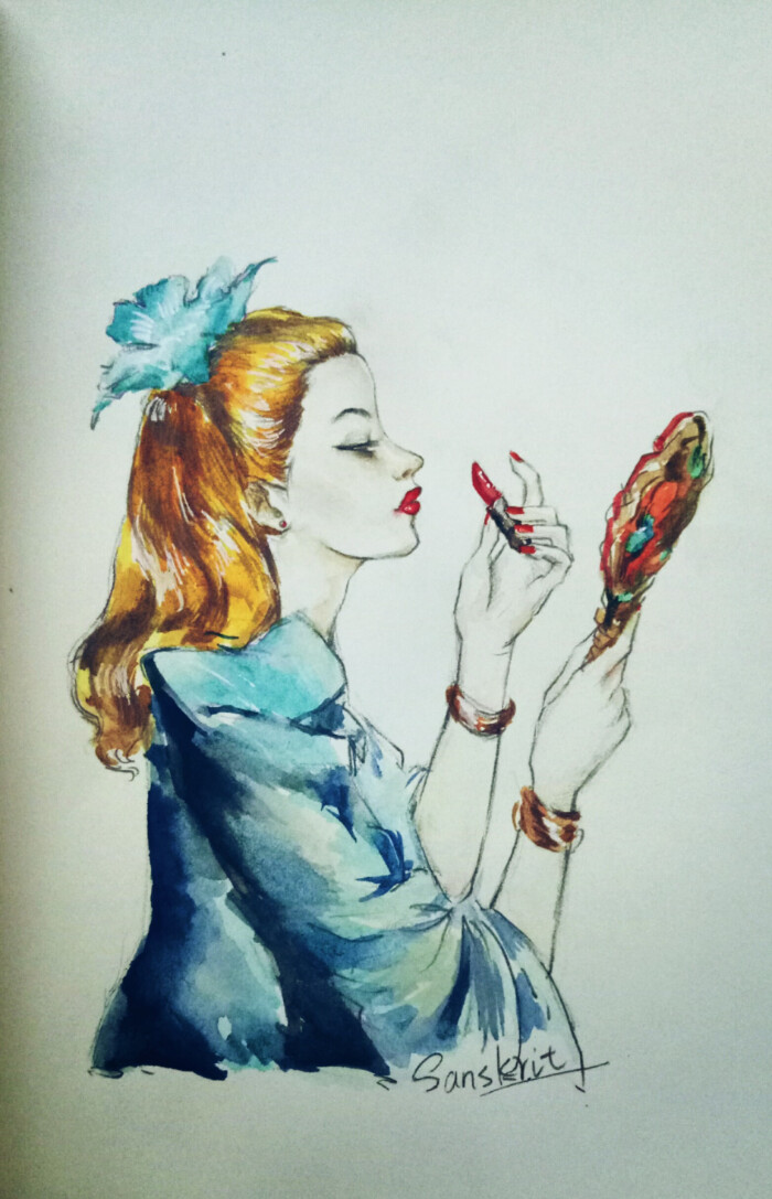 手绘插画   水彩插画   复古   欧美  壁纸素材   复古美人