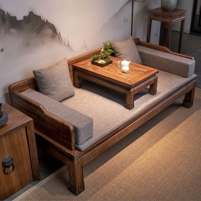 龙雕花罗汉床实木现代新中式沙发床罗汉塌老南榆木三件套