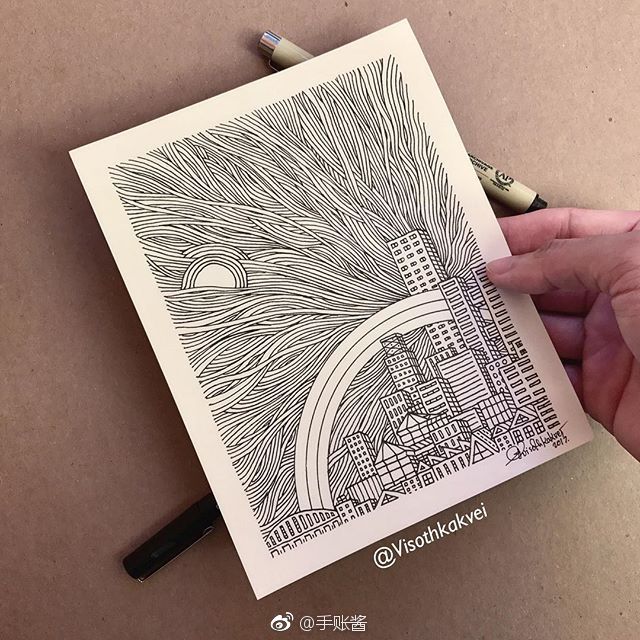 来自柬埔寨插画家 visothkakvei maine 的针管笔手绘~ via @手账酱