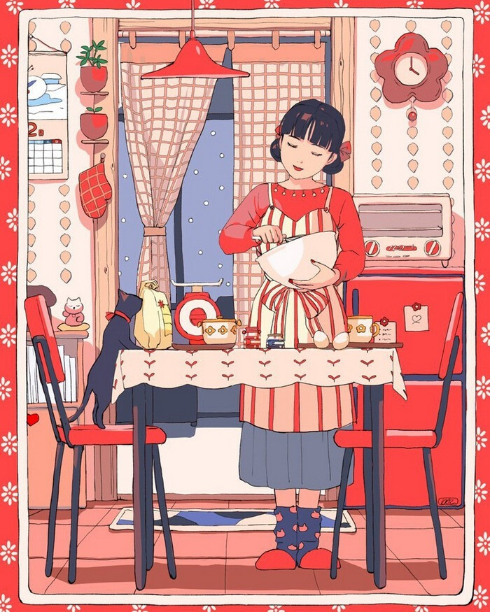 少女 猫咪 ~ 日本自由插画师aorkgk作品欣赏