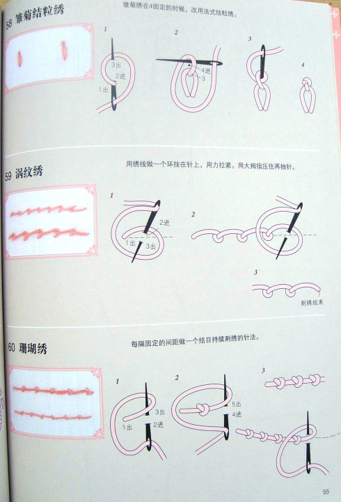 雏菊结粒绣,涡纹绣,珊瑚绣