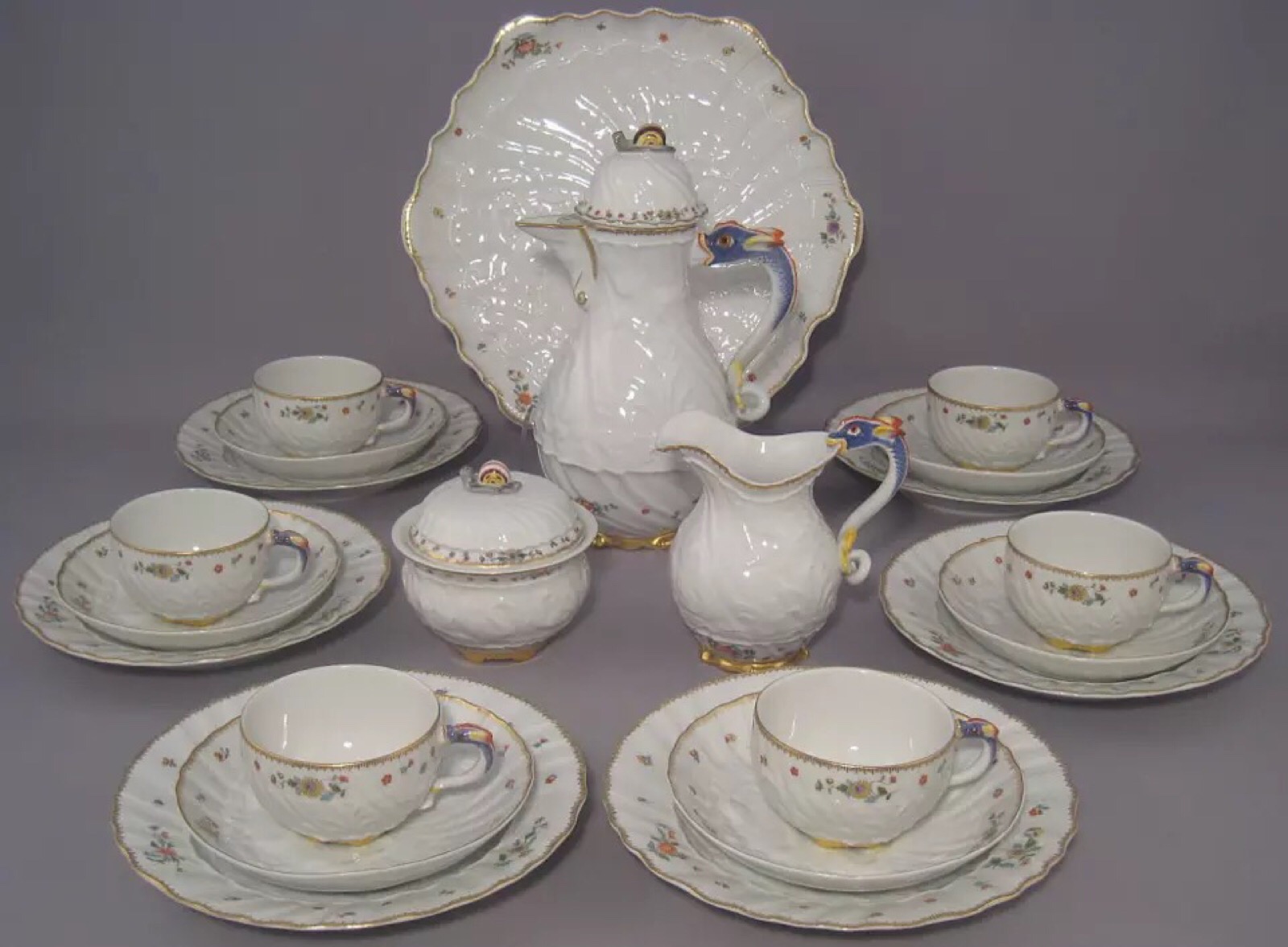 西洋古董德国梅森meissen瓷器 天鹅系列 咖啡壶具6人22件