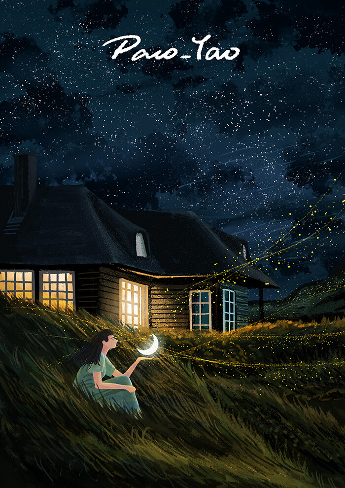 paco_yao 原创插画 禁止商用 乡间夜景 草原小屋 星星月亮