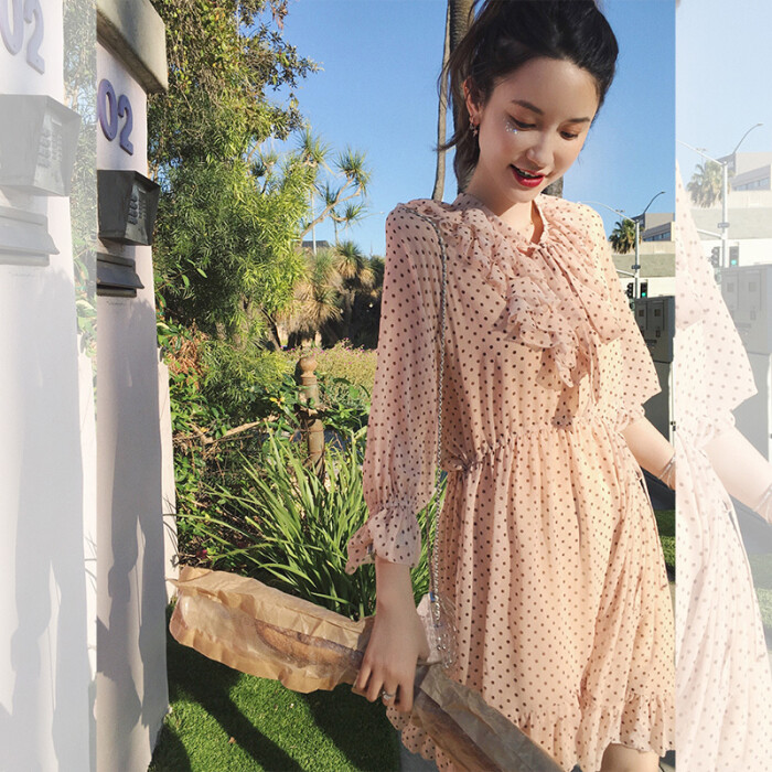 张大奕 波点印花裙夏女2018新款印花木耳边系