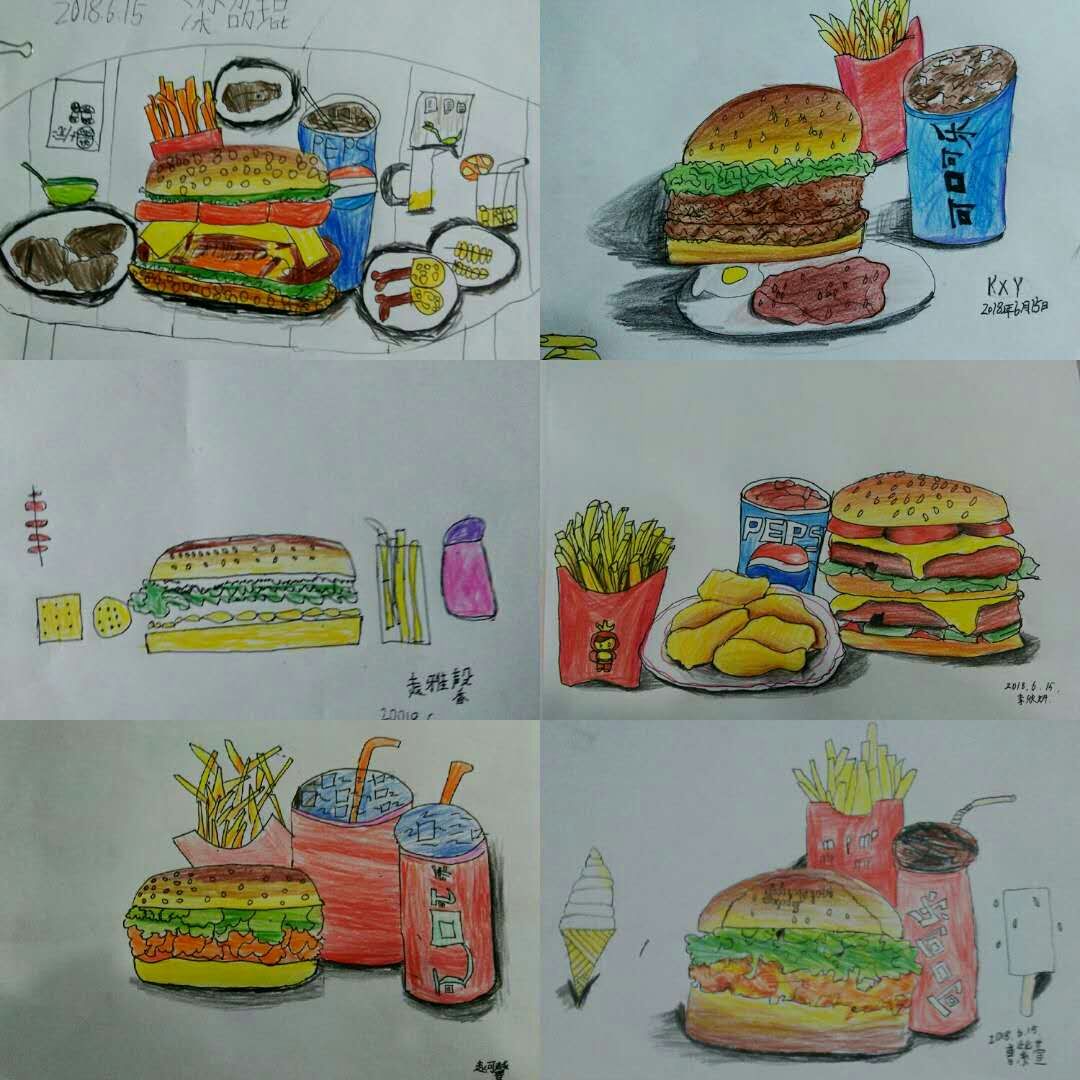 色彩 黑白 线条 创意 水彩笔 插画 鸟 鹦鹉 玩具车 汉堡 摩托车 零食