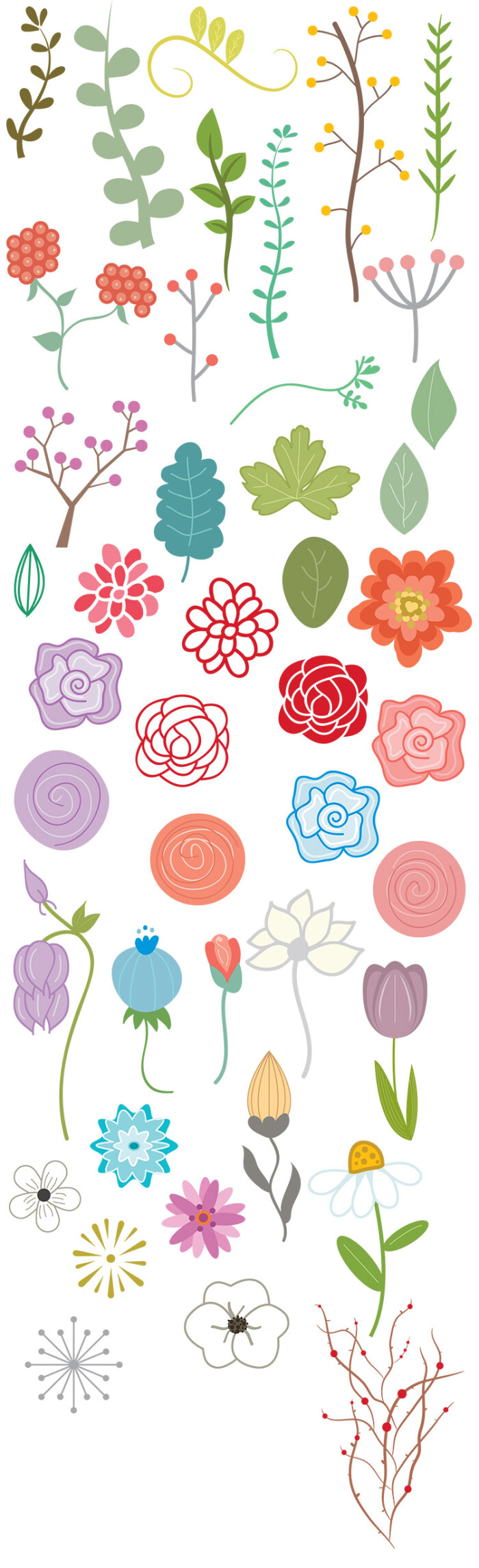 卡通儿童手绘花卉植物花朵绿叶玫瑰树木剪贴画素材矢量png模板