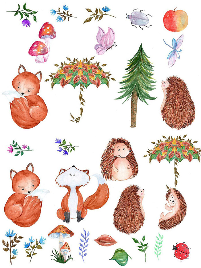 可爱温馨手绘风格森林动物植物狐狸刺猬水墨手绘插画png素材模板