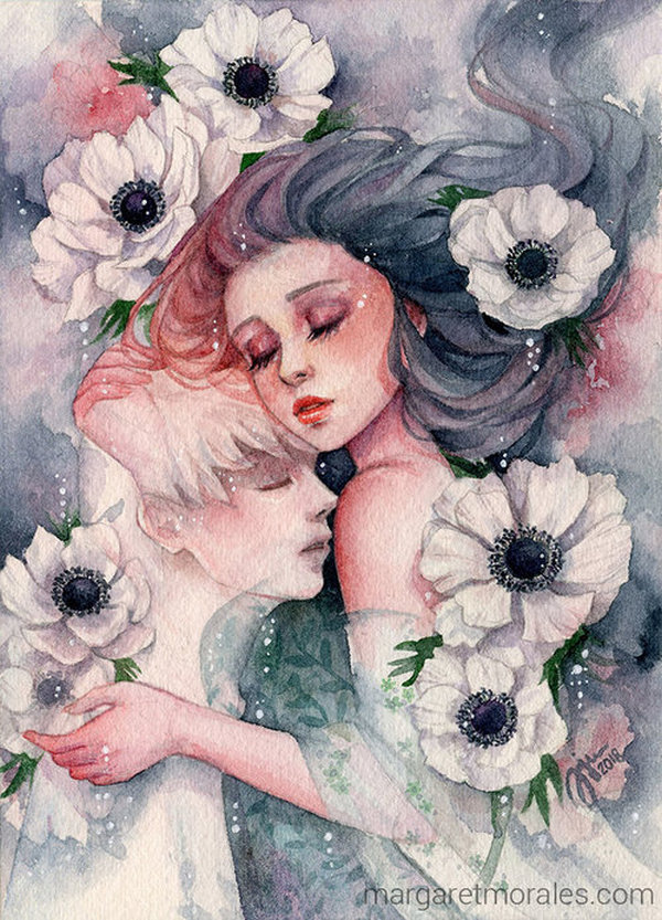 少女 花卉 水彩 唯美 插画_ 画家margaret morales作品