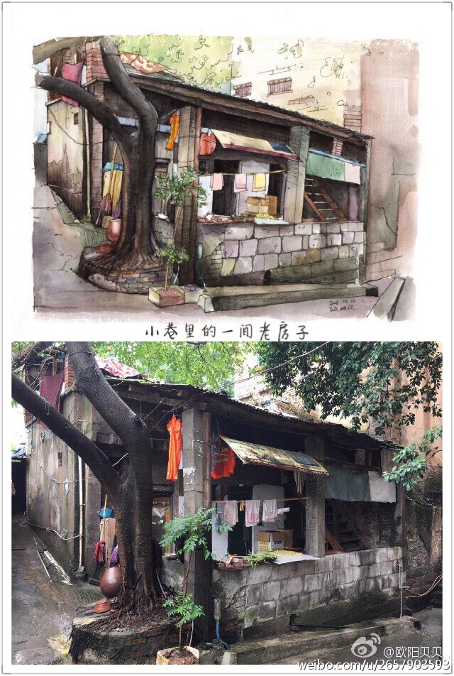 中的不期而遇～喜欢画这些小场景和老房子,因为有生活的味道~(作者