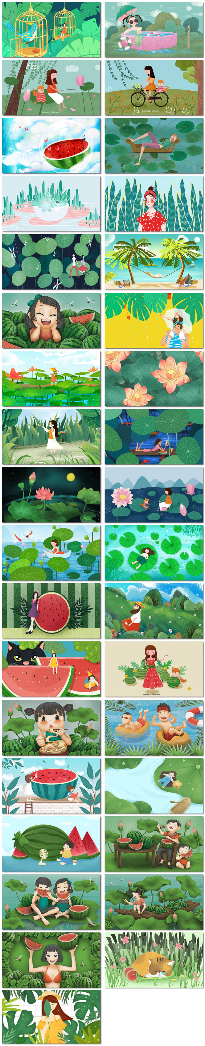 夏天你好西瓜荷花儿童卡通童话手绘插画海报挂画psd素材模板设计