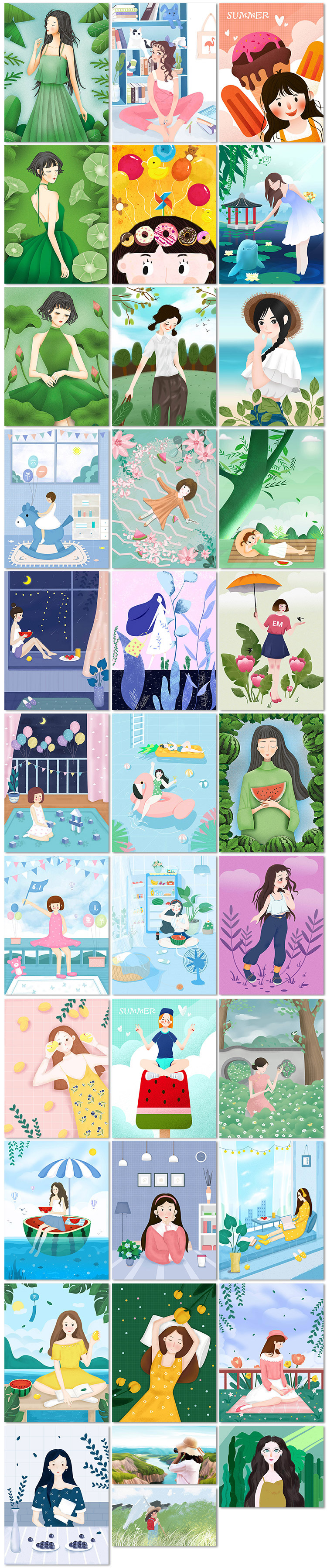 夏天夏季你好美少女植物清凉卡通手绘插画psd海报设计模板素材