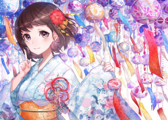 【侵删】omatsuri#风铃#二次元#少女#壁纸#唯美#暖色调#同人#和服