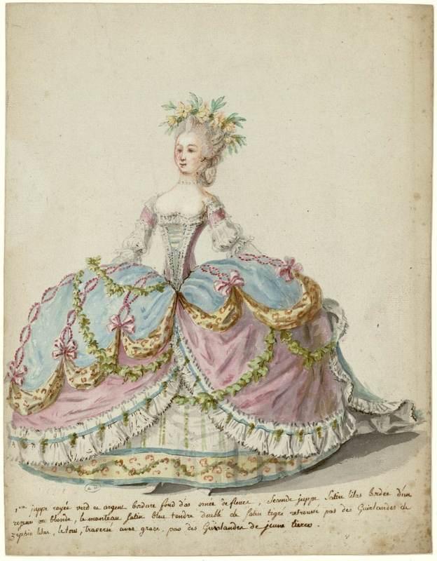 古董时装画,1770~80年代的法国宫廷女装.