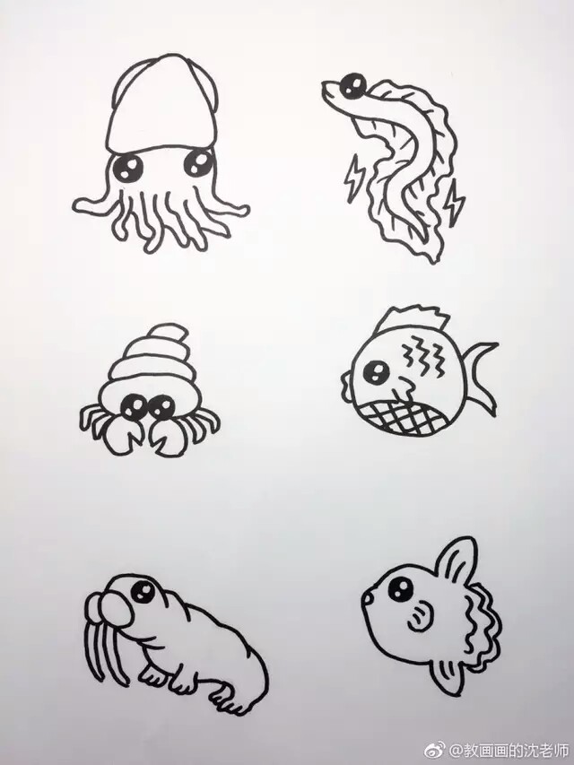 大海和海底动物们的简笔画 来自:教画画的沈老师