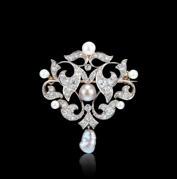维多利亚时期 铂金镶钻石珍珠胸针,维多利亚时期(1851-1901年)钻石