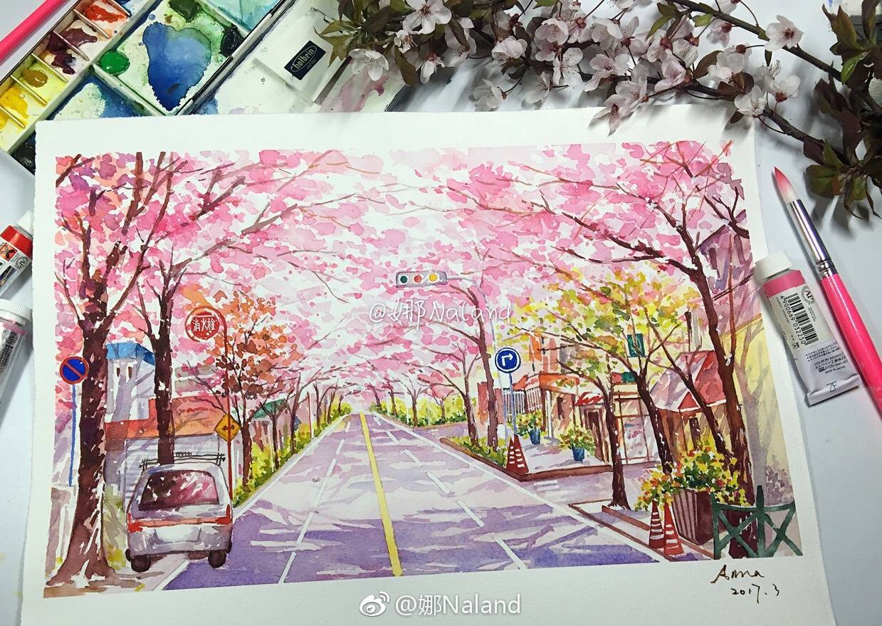 水彩插画浪漫樱花季,炸裂少女心
