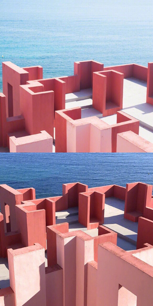 西班牙muralla roja ,粉色蓝色的几何建筑,如同现实版"纪念碑谷"