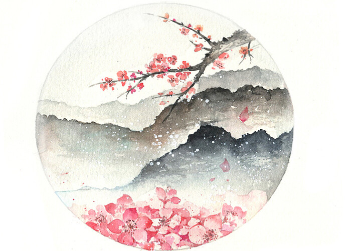 古风风景插画.山水.樱花