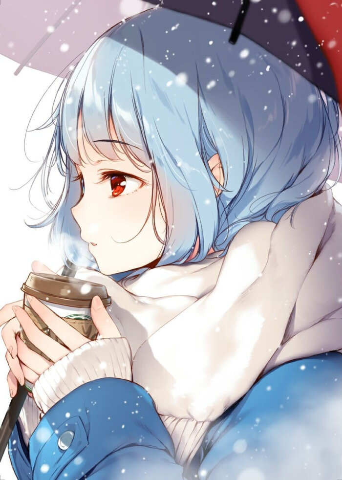 二次元 少女 蓝发 异瞳:一蓝一红 雪 奶茶 伞