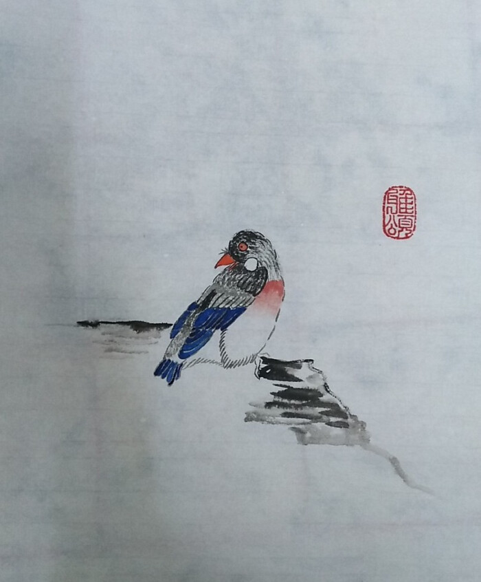国画花鸟临摹练习 [小画,仅部分]石头:墨鸟:花青,墨,朱磦小tip:鸟的