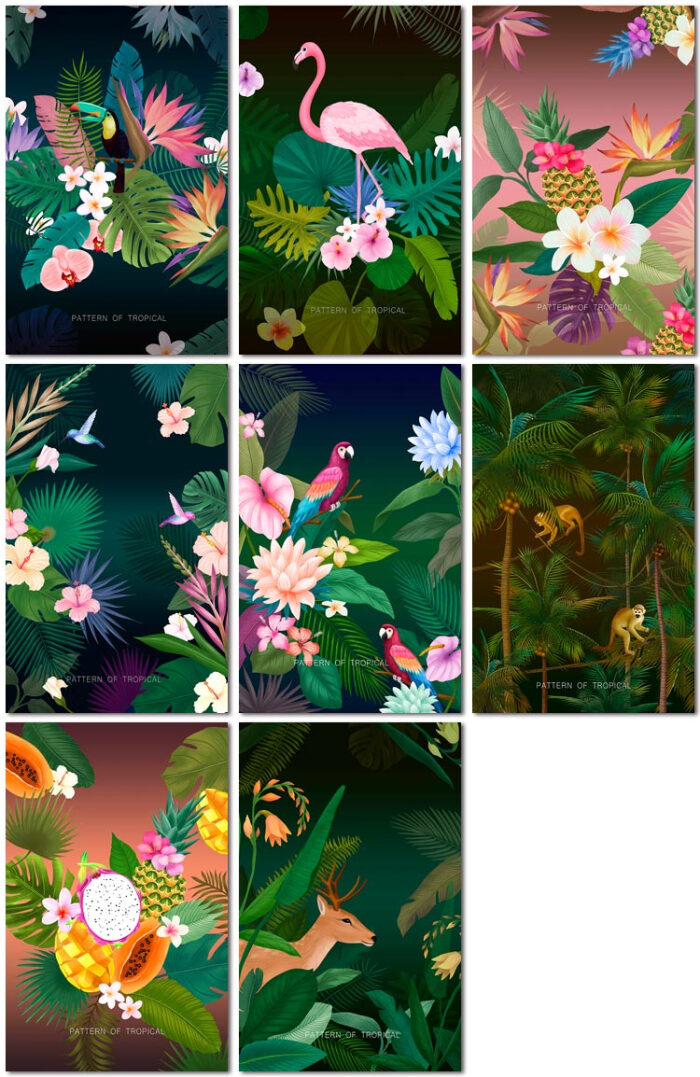 热带雨林植物鹦鹉火烈鸟花卉棕桐叶大嘴鸟psd海报设计模板素材
