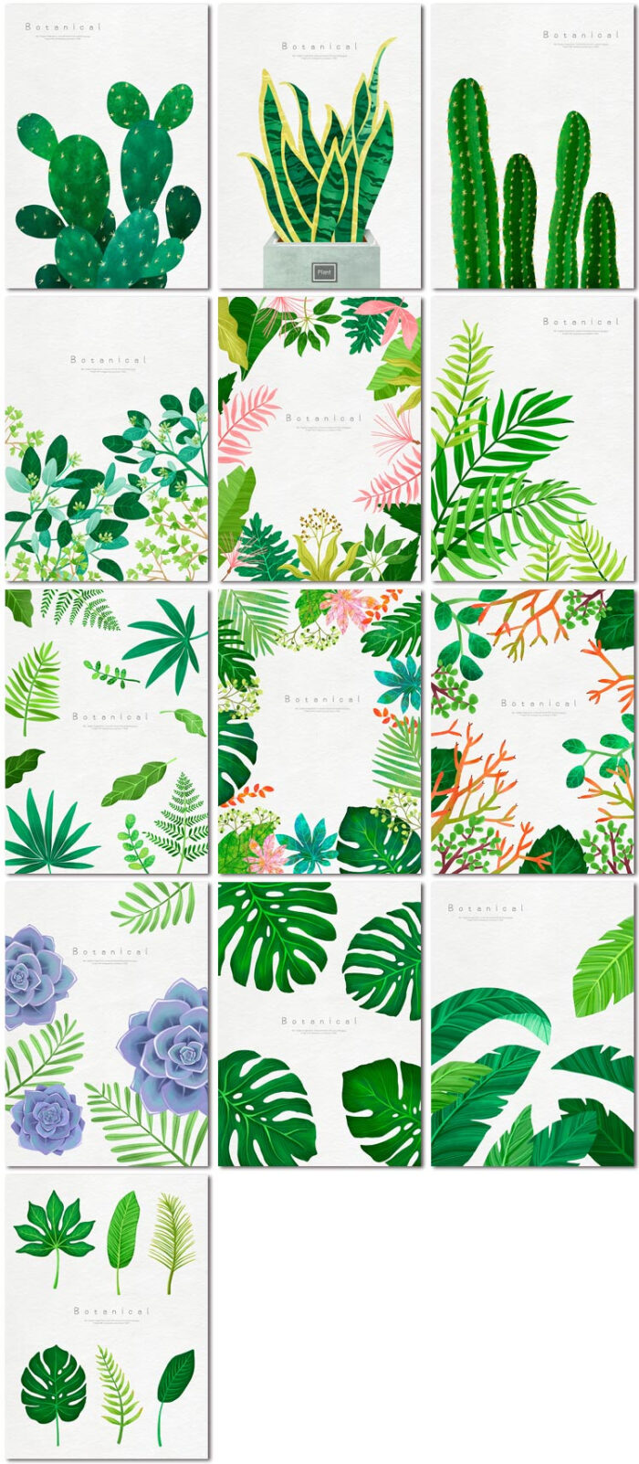 森林系仙人掌热带多肉绿色植物叶子盆栽插画背景psd设计素材模板