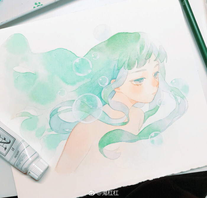水彩 画 手绘 人物细腻意境精致唯美 紫蓝系 @鬼杠杠