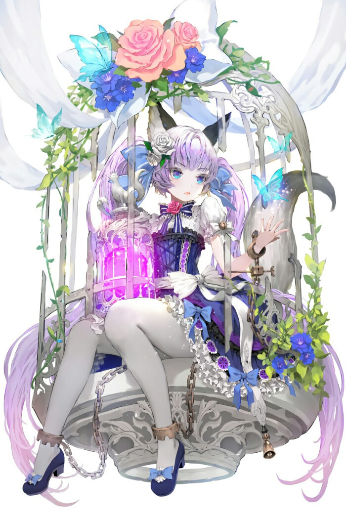 动漫女孩.动漫插画.笼子.双马尾.紫发.兽耳娘