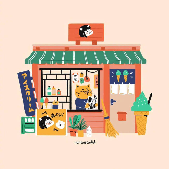 法国插画师nini wanted笔下温馨的日本街边小店.ins:niniwanted
