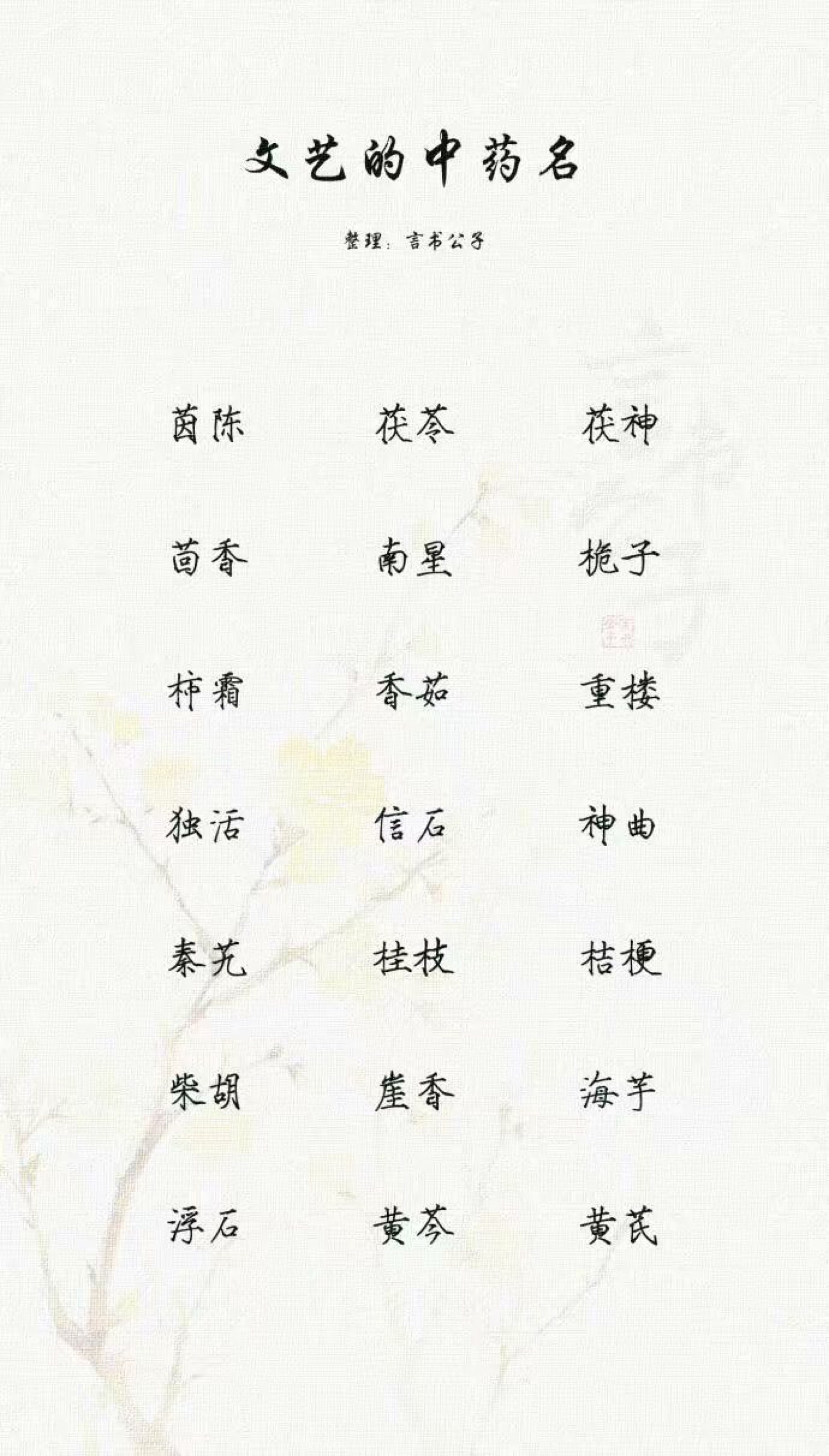 文艺的中药名那些很好听的网名id//我觉得可以整理:言书公子