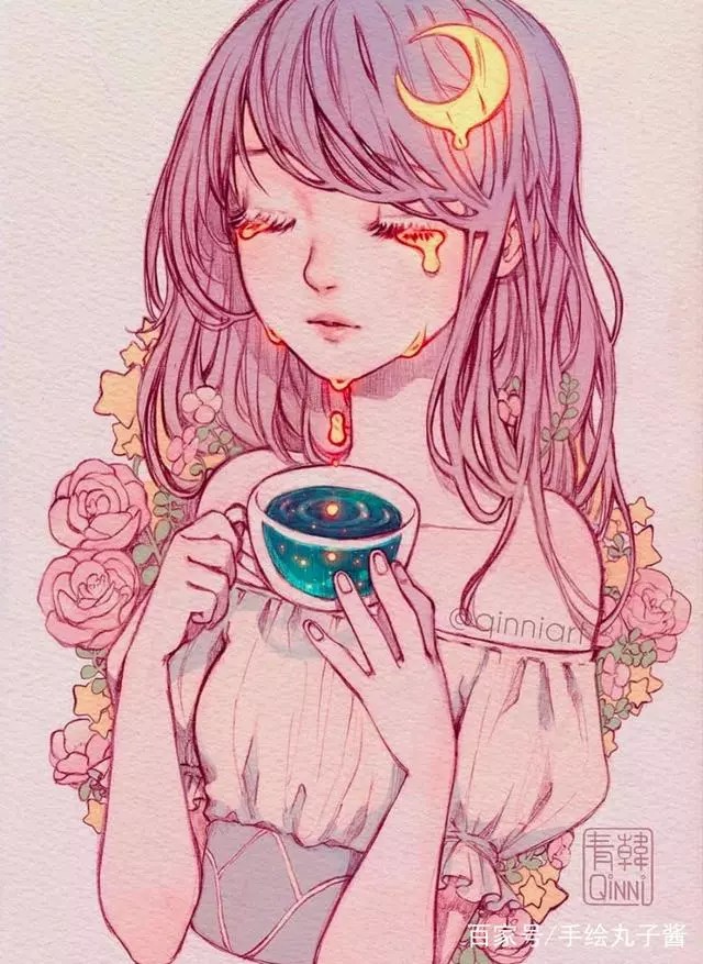 水彩 马克笔 动漫人物细腻意境精致唯美清雅 via:韩青 星空系